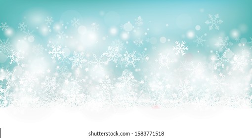 Cyan christmas header with snow, gift, baubles and stars on the bokeh background. Eps 10 vector file.