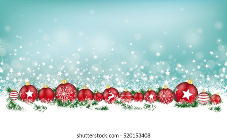 Cyan christmas header with snow, red baubles and gifts on the bokeh background. Eps 10 vector file.