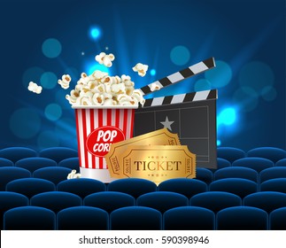 Cyan Cinema Movie Design Poster design. Vector template banner for movie premiere or show with seats, popcorn box, clapperboard and gold tickets