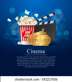 Cyan Cinema Movie Design Poster design. Vector template banner for movie premiere or show with seats, popcorn box, clapperboard and gold tickets