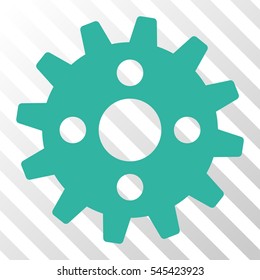 Cyan Cogwheel toolbar pictogram. Vector pictograph style is a flat symbol on diagonal hatch transparent background.