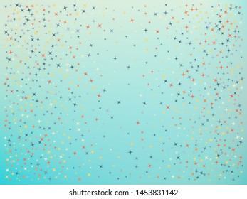 Cyan color background. Stars confetti. Elementary colorific idea. Scattered stars. Backround with random colored stars.