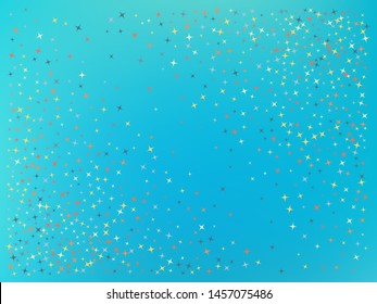 Cyan color background. Stars confetti. Elementary colorific mesh. Scattered stars. Backround with random colored stars.