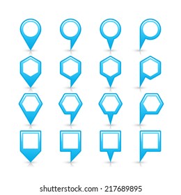 Cyan color blank map pin sign empty satin location icon with gray shadow and reflection isolated on white background. Web design element save in vector illustration 8 eps