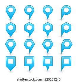 Cyan color map pin icon satin location sign with empty copy space, gray shadow and reflection isolated on white background. Web design element save in vector illustration 8 eps