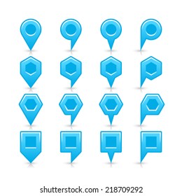 Cyan color map pin sign satin location icon with dark empty copy space and gray shadow, reflection isolated on white background. Web design element save in vector illustration 8 eps