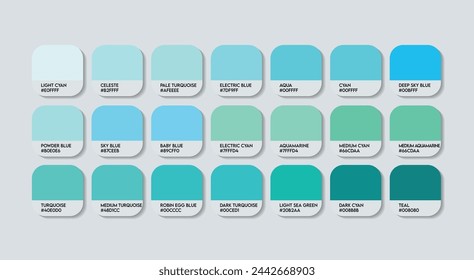 Paleta de colores cian, Color cian con nombres. Catálogo Muestras Cyan con códigos y nombres RGB HEX.   Paleta de colores azul plástico Vector, madera y metal Paleta de colores cian, moda tendencia paleta de colores cian