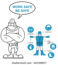 Cyan construction industry mandatory personal protection equipment contractor and icons to current British Standards with work safe message isolated on white background