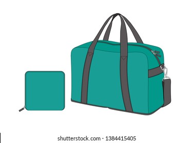 cyan duffle bag with removable shoulder strap, sports gym bag, foldable weekend bag, spare bag, vector illustration sketch template isolated on white background