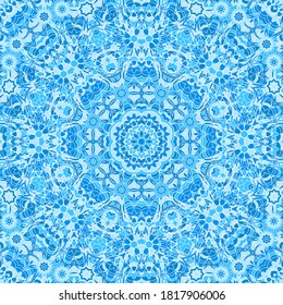 Cyan ethnic geometric seamless pattern. Blue circular symmetry geometric ornament.