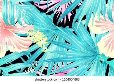 Cyan exotic pattern. Monstera and hibiscus flowers tropical bouquet. Saturated large floral swimwear print. Horizontal romantic wild vector exotic tile. Bonny spring botanical design.