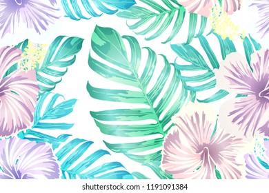 Cyan exotic pattern. Monstera and hibiscus flowers tropical bouquet. Hawaiian t-shirt and swimwear tile.  Horizontal romantic wild vector exotic tile. Hypernatural botanic design.
