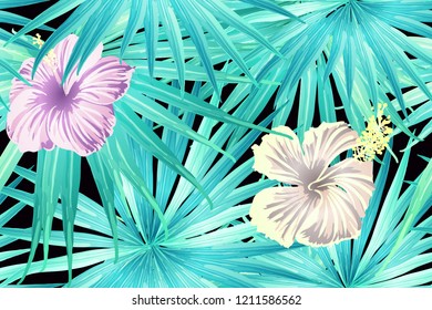 Cyan exotic pattern. Monstera and hibiscus flowers tropical bouquet. Saturated large floral swimwear print. Horizontal romantic wild vector exotic tile. Hypernatural botanic design.