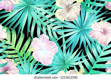 Cyan exotic pattern. Monstera and hibiscus flowers tropical bouquet. Hawaiian t-shirt and swimwear tile.  Horizontal romantic wild vector exotic tile. Hypernatural botanic design.