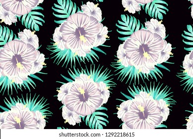 Cyan exotic pattern. Monstera and hibiscus flowers tropical bouquet. Saturated large floral swimwear print. Horizontal romantic wild vector exotic tile. Hypernatural botanic design.