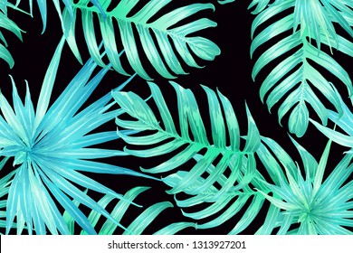 Cyan exotic pattern. Monstera and hibiscus flowers tropical bouquet. Hawaiian t-shirt and swimwear tile.  Horizontal romantic wild vector exotic tile. Hypernatural botanic design.