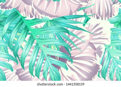 Cyan exotic pattern. Monstera and hibiscus flowers tropical bouquet. Saturated large floral swimwear print. Horizontal california natural texture design. Hypernatural botanic design.
