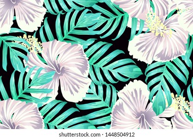 Cyan exotic pattern. Monstera and hibiscus flowers tropical bouquet. Saturated large floral swimwear print. Horizontal romantic wild vector exotic tile. Bonny spring botanical design.