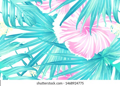 Cyan exotic pattern. Monstera and hibiscus flowers tropical bouquet. Hawaiian t-shirt and swimwear tile.  Horizontal romantic wild vector exotic tile. Hypernatural botanic design.