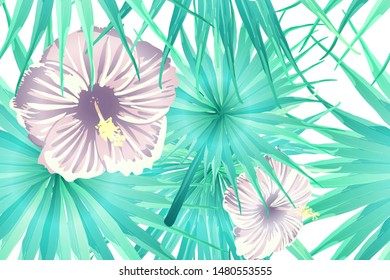 Cyan exotic pattern. Monstera and hibiscus flowers tropical bouquet. Hawaiian t-shirt and swimwear tile.  Horizontal california natural texture design. Bonny spring botanical design.
