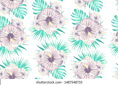 Cyan exotic pattern. Monstera and hibiscus flowers tropical bouquet. Saturated large floral swimwear print. Horizontal california natural texture design. Bonny spring botanical design.