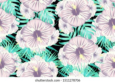 Cyan exotic pattern. Monstera and hibiscus flowers tropical bouquet. Hawaiian t-shirt and swimwear tile.  Horizontal california natural texture design. Bonny spring botanical design.