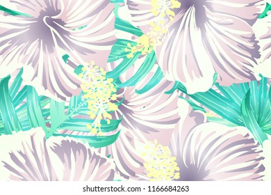 Cyan exotic pattern. Monstera leaves and hibiscus flowers in summer holiday print. Saturated large floral swimwear print. Horizontal romantic wild vector exotic tile. Bonny spring botanical design.