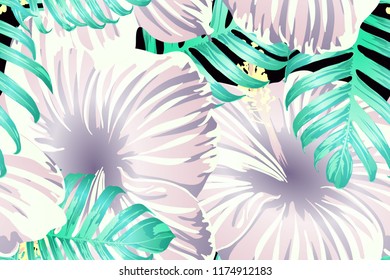 Cyan exotic pattern. Monstera leaves and hibiscus flowers in summer holiday print. Hawaiian t-shirt and swimwear tile.  Horizontal california natural texture design. Bonny spring botanical design.