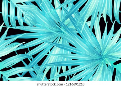 Cyan exotic pattern. Monstera leaves and hibiscus flowers in summer holiday print. Hawaiian t-shirt and swimwear tile.  Horizontal california natural texture design. Bonny spring botanical design.