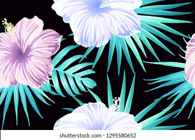 Cyan exotic pattern. Monstera leaves and hibiscus flowers in summer holiday print. Saturated large floral swimwear print. Horizontal california natural texture design. Bonny spring botanical design.