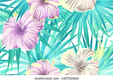 Cyan exotic pattern. Monstera leaves and hibiscus flowers in summer holiday print. Saturated large floral swimwear print. Horizontal california natural texture design. Hypernatural botanic design.
