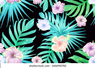 Cyan exotic pattern. Monstera leaves and hibiscus flowers in summer holiday print. Saturated large floral swimwear print. Horizontal romantic wild vector exotic tile. Bonny spring botanical design.