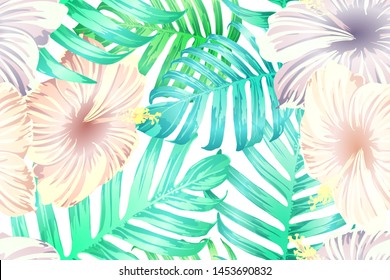 Cyan exotic pattern. Monstera leaves and hibiscus flowers in summer holiday print. Hawaiian t-shirt and swimwear tile.  Horizontal california natural texture design. Hypernatural botanic design.