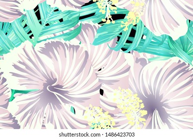 Cyan exotic pattern. Monstera leaves and hibiscus flowers in summer holiday print. Saturated large floral swimwear print. Horizontal california natural texture design. Bonny spring botanical design.