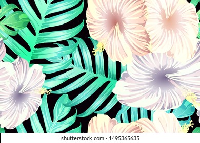 Cyan exotic pattern. Monstera leaves and hibiscus flowers in summer holiday print. Saturated large floral swimwear print. Horizontal california natural texture design. Hypernatural botanic design.