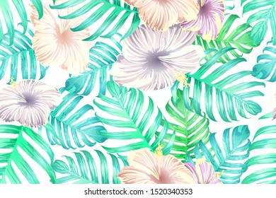 Cyan exotic pattern. Monstera leaves and hibiscus flowers in summer holiday print. Hawaiian t-shirt and swimwear tile.  Horizontal romantic wild vector exotic tile. Bonny spring botanical design.