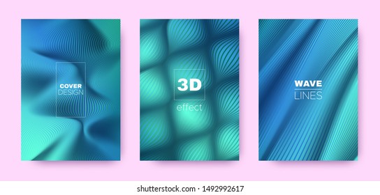 Cyan Flow Poster. Design Covers Set. Movement Lines Pattern. 3d Geometric Background. Flow Vibrant Lines. Business Covers Set. Green Vector Banner. Blue Flow Illustration.