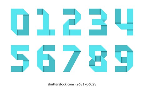 Cyan Folded Paper Number Font Vector Illustration with Origami Style Typeface and Clean Bold Geometric Digits