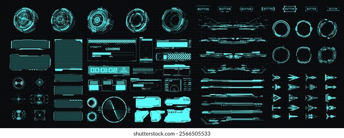 Cyan futuristic HUD interface kit with circular radars, loading screens, data bars, and stylized arrows on a tech grid. Perfect for sci-fi UI design or game projects. Vector illustration