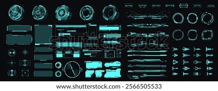 Cyan futuristic HUD interface kit with circular radars, loading screens, data bars, and stylized arrows on a tech grid. Perfect for sci-fi UI design or game projects. Vector illustration