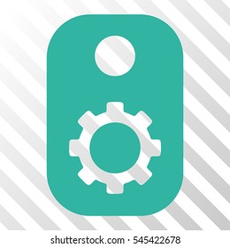 Cyan Gear Tag interface toolbar icon. Vector pictogram style is a flat symbol on diagonal hatch transparent background.