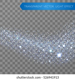 Cyan glitter star dust trail sparkling particles on transparent background. Transparent sparkle wave. Space comet tail. Vector glamour fashion illustration for shining greeting backgroung.