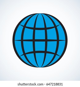 Cyan glob orb on light backdrop. Emblem concept in contour graphic style with space for text