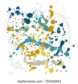 Cyan and gold ink vector splats, hand drawn paint splatter, watercolor splashes, spots background. Bright hipster grunge graffiti splatter pattern. Watercolor or wall oil paint background pattern.