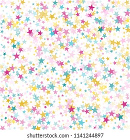Cyan gold magenta vector star background sparkle pattern. Trendy colored confetti of flying stars, magic geometric sparkles stardust vector background on white. Party design template.