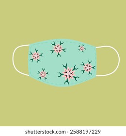 Cyan green medical mask with flowers pattern with flat design product illustration for custom mask design. Medical masks with beautiful fashion style inspiration