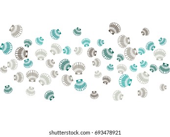 Cyan and grey bivalve conch, shellfish vector, sea shell pattern illustration. Oceanic pearl scallop, marine mollusk cockleshell fabric design, seashell textile.