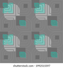 Cyan and Grey Geometric Squared Spiral Seamless Repeating Pattern