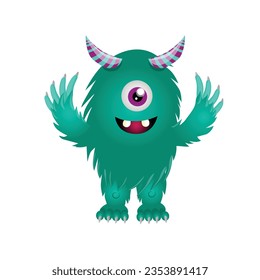 cyan, hairy, horned, one eyed, smiling, monster