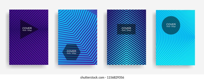 Cyan halftone vector cover template with lines, triangle circle hexagon title places. Vector journal design geometric shape background set. Graphic halftone lines hipster advertising flyers set.
